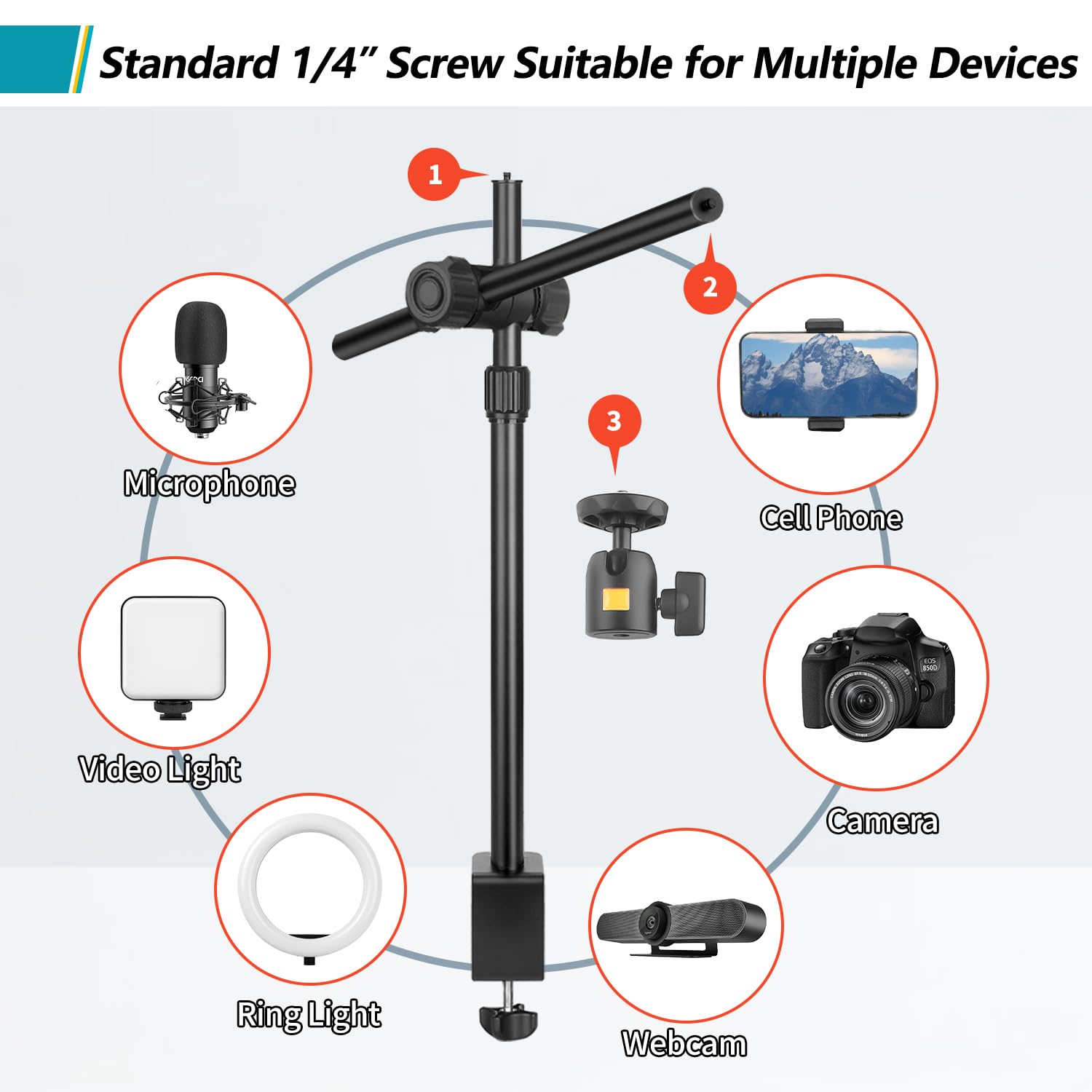 Supporto regolabile per telefono in testa, supporto da scrivania con braccio regolabile a 360°, supporto flessibile per telefono con testa a sfera a 360° e supporto per telefono
