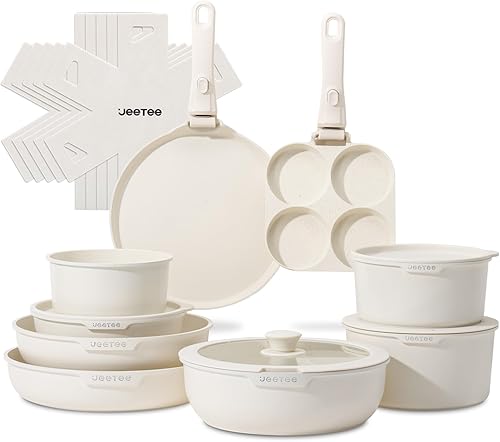 JEETEE Juego de ollas y sartenes antiadherentes, 20 piezas, juego de utensilios de cocina con mango desmontable, juego de cocina de autocaravana,