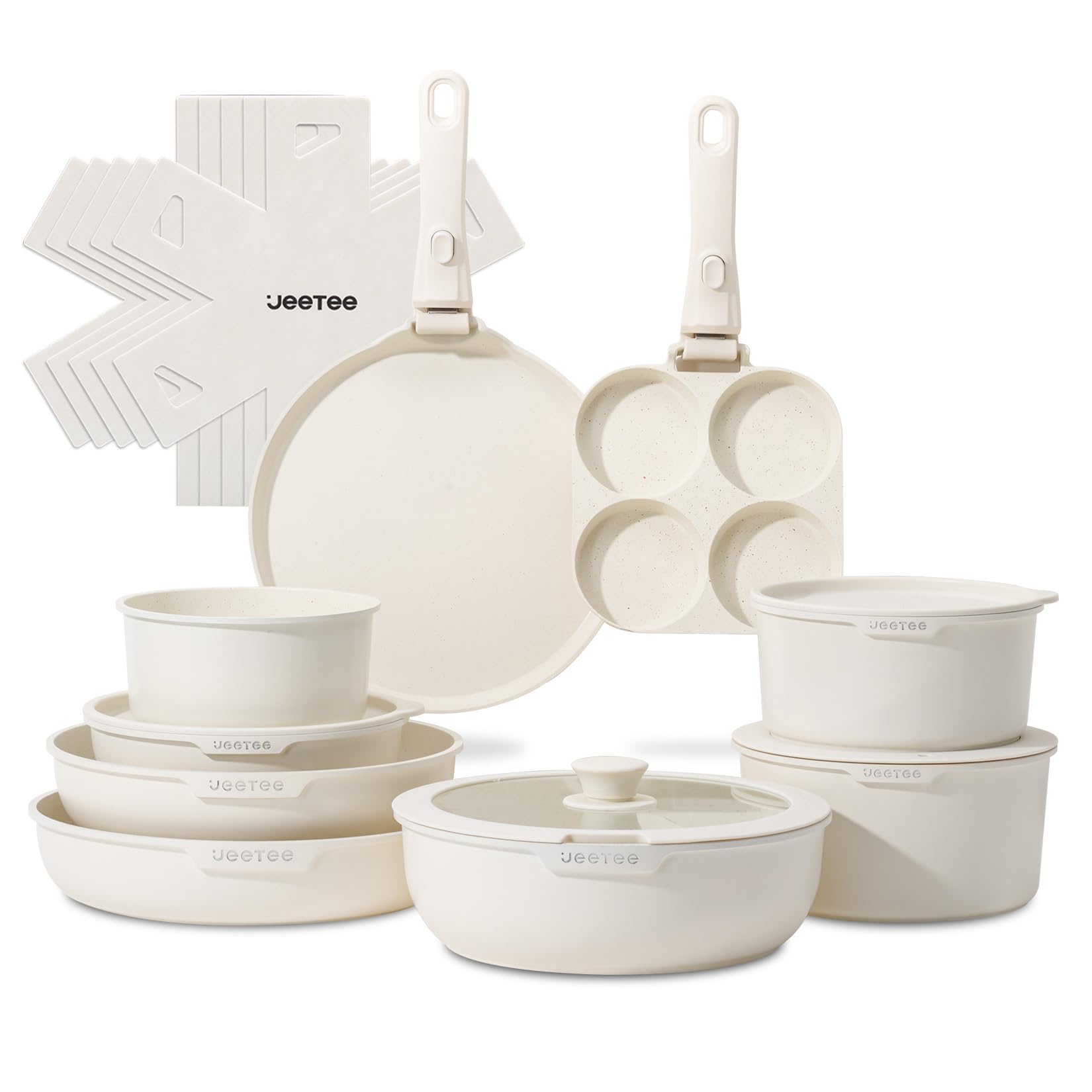 JEETEE Batterie de Cuisine Antiadhésive 20 Pcs, Sets de Poêles et Casseroles avec Poignée Amovible, Ensemble de Cuisine pour Camping-car, Empilable, Passe au Four, Sans PFAS/PFOA, Beige