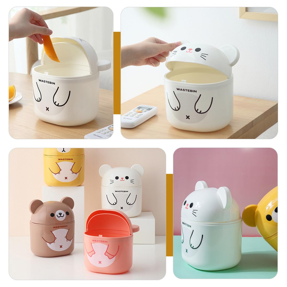 DOITOOL Mini Bote de Basura de Escritorio Ligero Pp Diseño de Oso Adorable Fácil de Abrir y Colocar Estable, Adecuado para Sala o Estudio