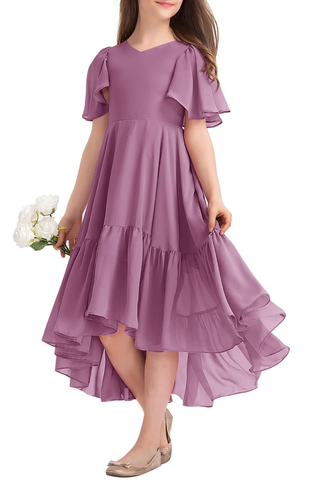 Haloumoning Vestido de verano para niña, cuello en V, con volantes, informal, vestido de una línea, vestido de fiesta alto, bajo, largo, elegante, largo