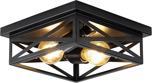 Miniatura 1 de Lámpara de techo de metal rústico negro de montaje empotrado, 2 luces industriales de granja, luces de pasillo de granja, jaula de metal cerrada al