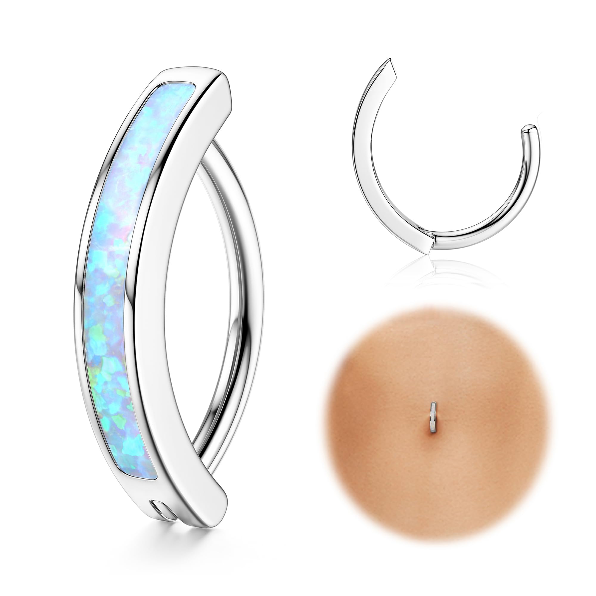 FIOROYAL 14G Piercing Ombligo Plata de Ley 925 Clicker Ópalo Piercing Ombligo Aro Curvo Inverso Piercing Ombligo Oro Plata Joyería de Cuerpo