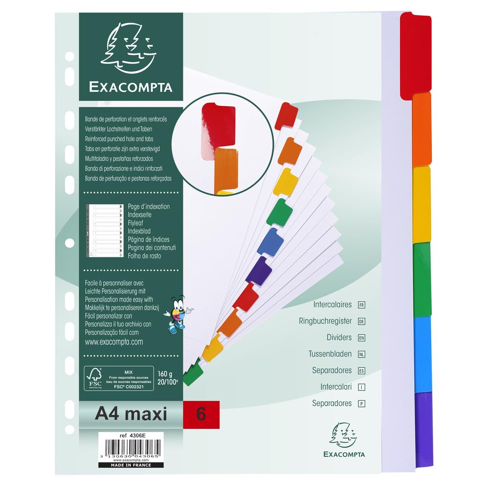 Exacompta - Rif. 4306E - Cartone da 20 divisori in carta bianca 160 g/m2 FSC® con 6 linguette neutre a colori, rinforzati e plastificati, pagina di indicizzazione stampabile, formato A4 maxi