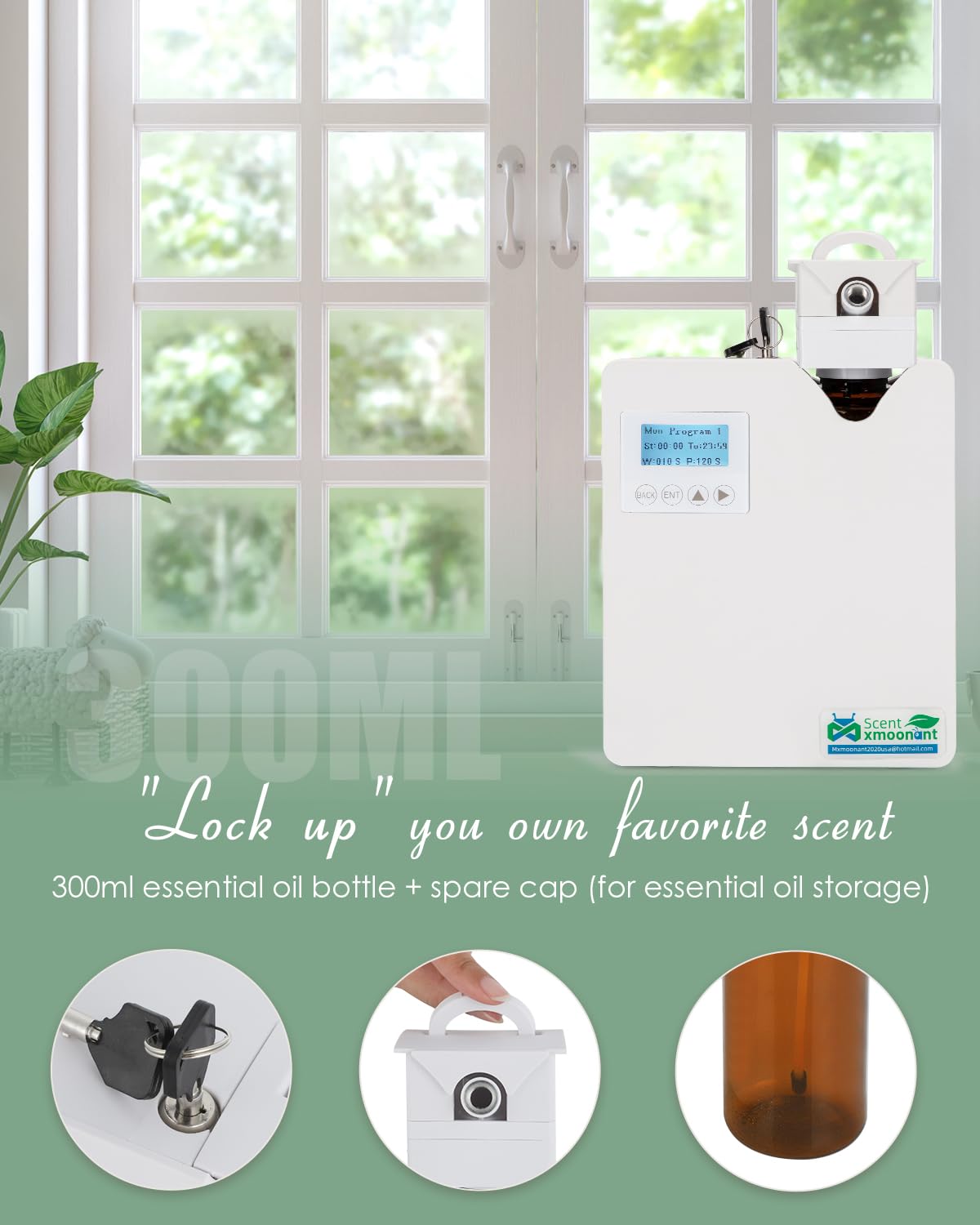 Mxmoonant Difusor de Aceite Esencial sin Agua, Que Cubre 80-120㎡, Botella de Aceite de 300ml, de Pared, App Control&Timer, HVAC Conectable, para Habitación Grande, Hotelaria, Restaurante | Control App y temporizador, compatible HVAC, gran pantalla LCD, pa