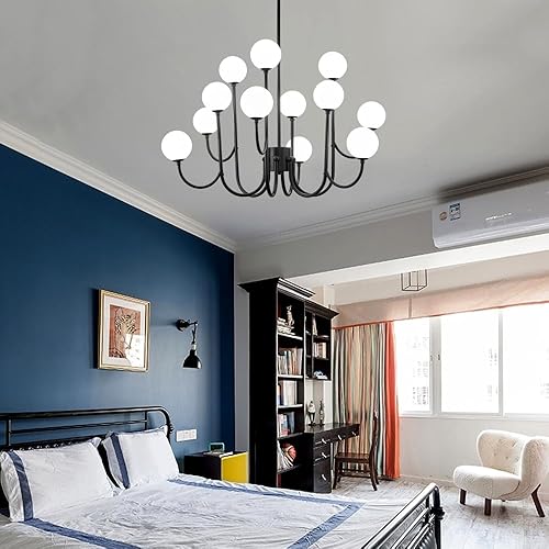 Miniatura 7 de Moderno candelabro negro de mediados de siglo con 12 luces con globo de cristal, lámpara colgante de techo de metal Sputnik grande para sala de
