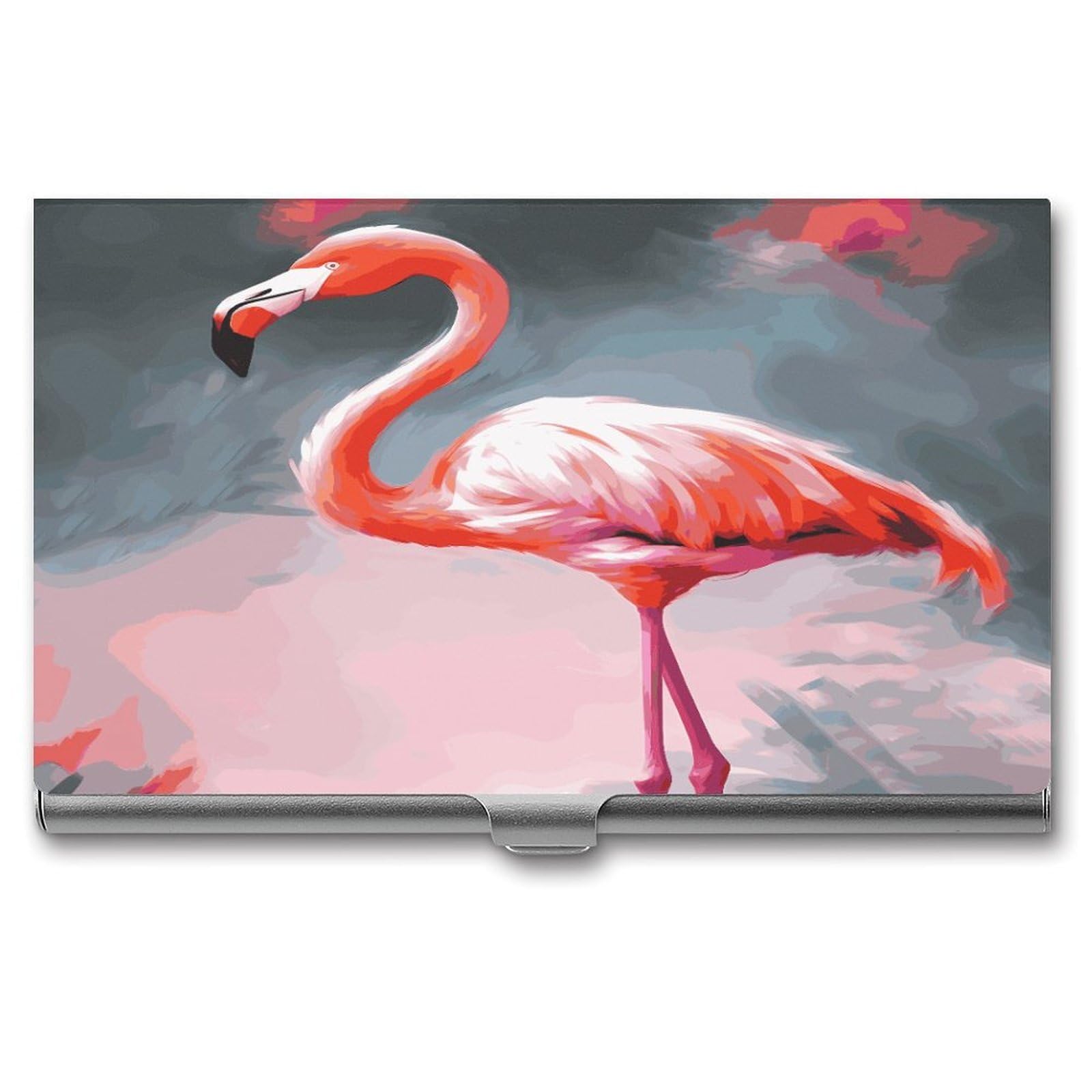 LDGSUPH Painting Flamingo Business Card Holder Fashion Slim Name Card Holder Minimalist Design Case Metal Card Carrier Personalized Business Card Case with Flip for Men Women