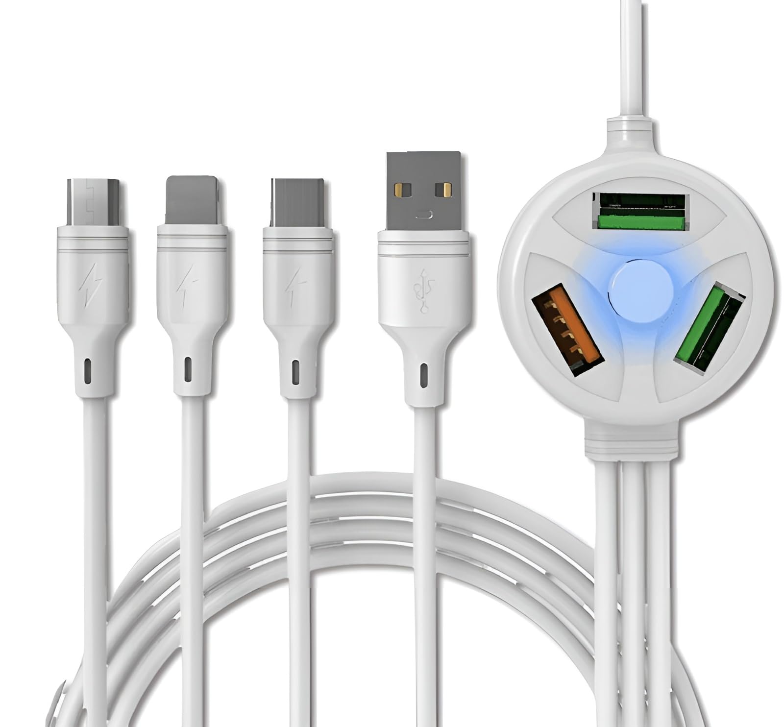 cablebasket 6 iN1 Fast Charging USB Cable with Extra 3 USB Port and 3 Charging Connectors Type C, Micro USB for iPhone with Led Indicator