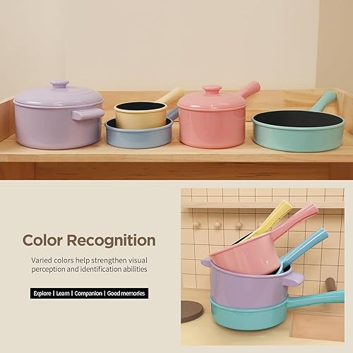 Miniatura 10 de GILOBABY Juego de accesorios de cocina para juegos de simulación juguetes de cocina para niños con comida y verduras juego de ollas y sartenes