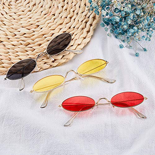 3 Pieces Vintage Oval Sunglasses Retro Slender Metal Frame Oval Glasses Small Vintage Sunglasses Candy Colors For Men Woman (Grey Lens, Red Lens, Yellow Lens) #TOP6