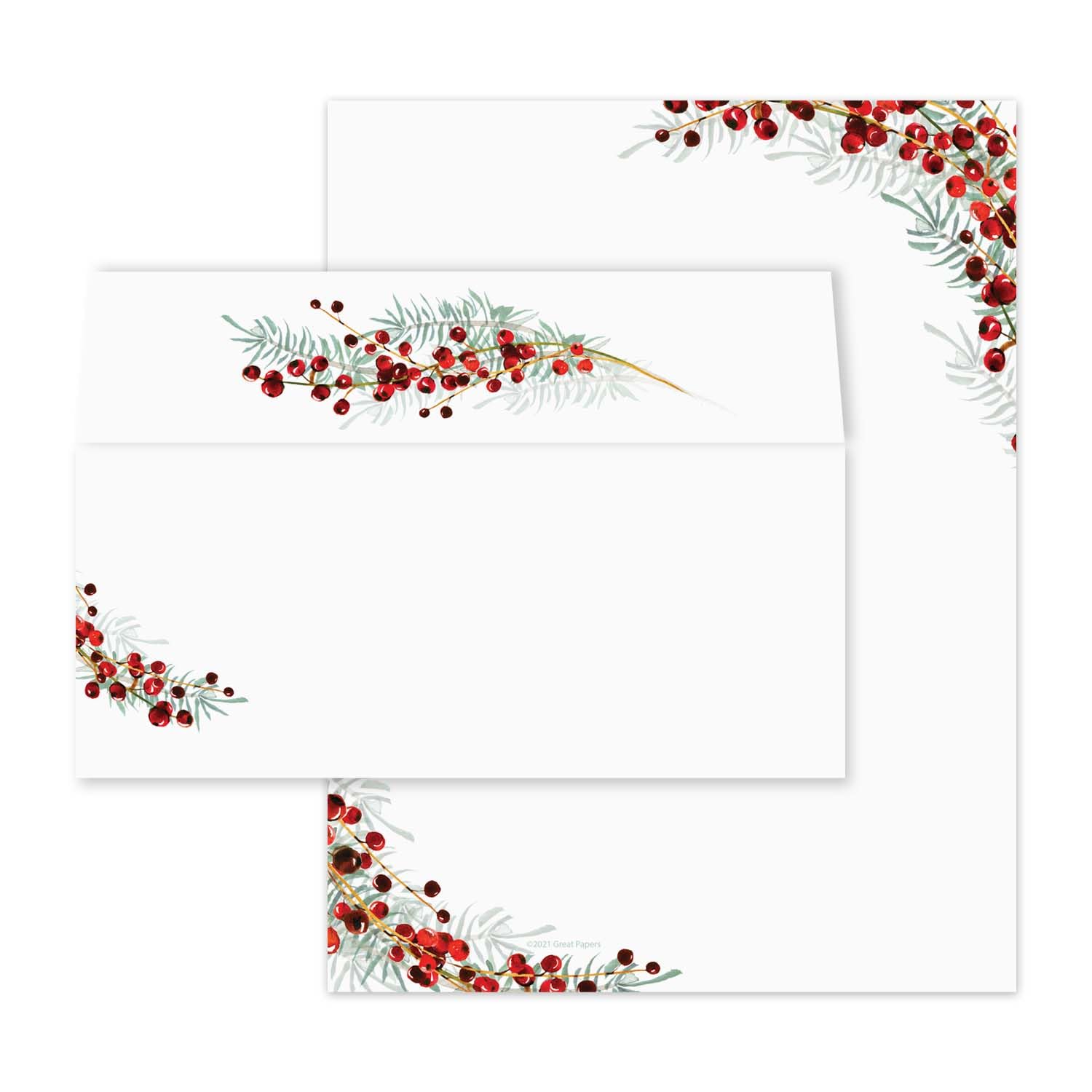 Pine And Berry Holiday Letterhead With Envelopes / 40 Decorative Sheets With Matching Full Color Envelopes / 8.5" x 11" Watercolor Christmas Evergreen