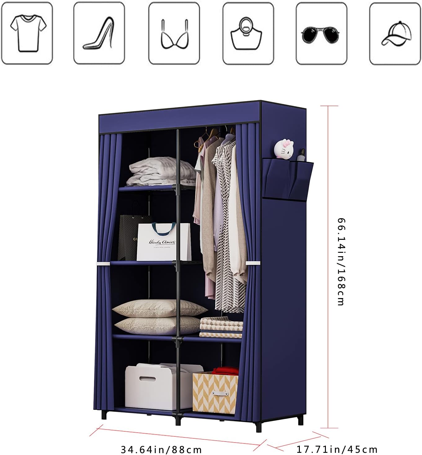 36 Inch Portable Wardrobe Closet Clothes Organizer with Metal Shelves and Dustproof Non-Woven Fabric (Blue)