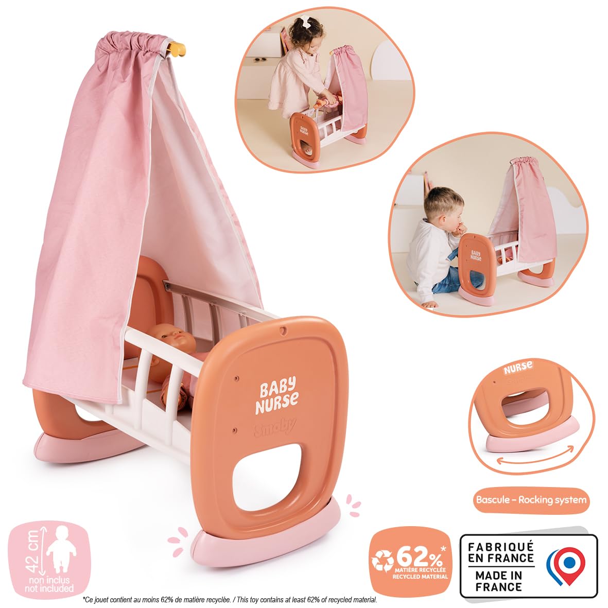 Smoby - Baby Nurse - Bercelonnette - pour Poupons Jusqu'à 42 cms - Lit Bébé avec Mat Tissu - Matière Recyclée - A Partir de 18 Mois - Fabrication Française