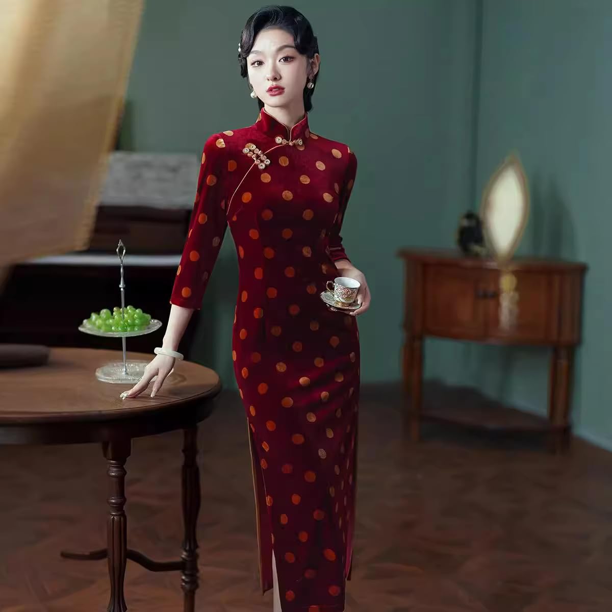 Cheongsam Manga Larga para Mujer - Vestido De Terciopelo Estilo Chino De Moda De Primavera Y Otoño Ajustado con Abertura Lateral para Uso Diario para Fiestas De Longitud Media Talla Grande Co