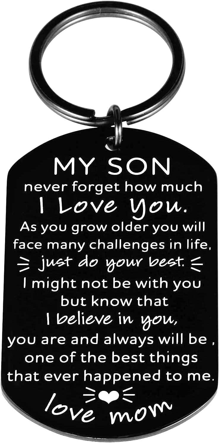 Son Gifts from Mom, Inspirational Key Chain to My Son from Mom-Never Forget I Love You Birthday Gifts for Teen Boy Him Men Graduation Gifts for Son Wedding Anniversary Christmas Keyring Jewelry