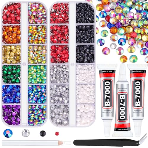 Image of 5000 PCS Flatback Rhinestones for Crafting and 3PCS B7000 Glue (Pack 2), 2 Boxes of Rainbow Resin Rhinestones Gems Charms for Bedazzling DIY Crafts Fabric Clothing Tumblers Shoes Nail Art