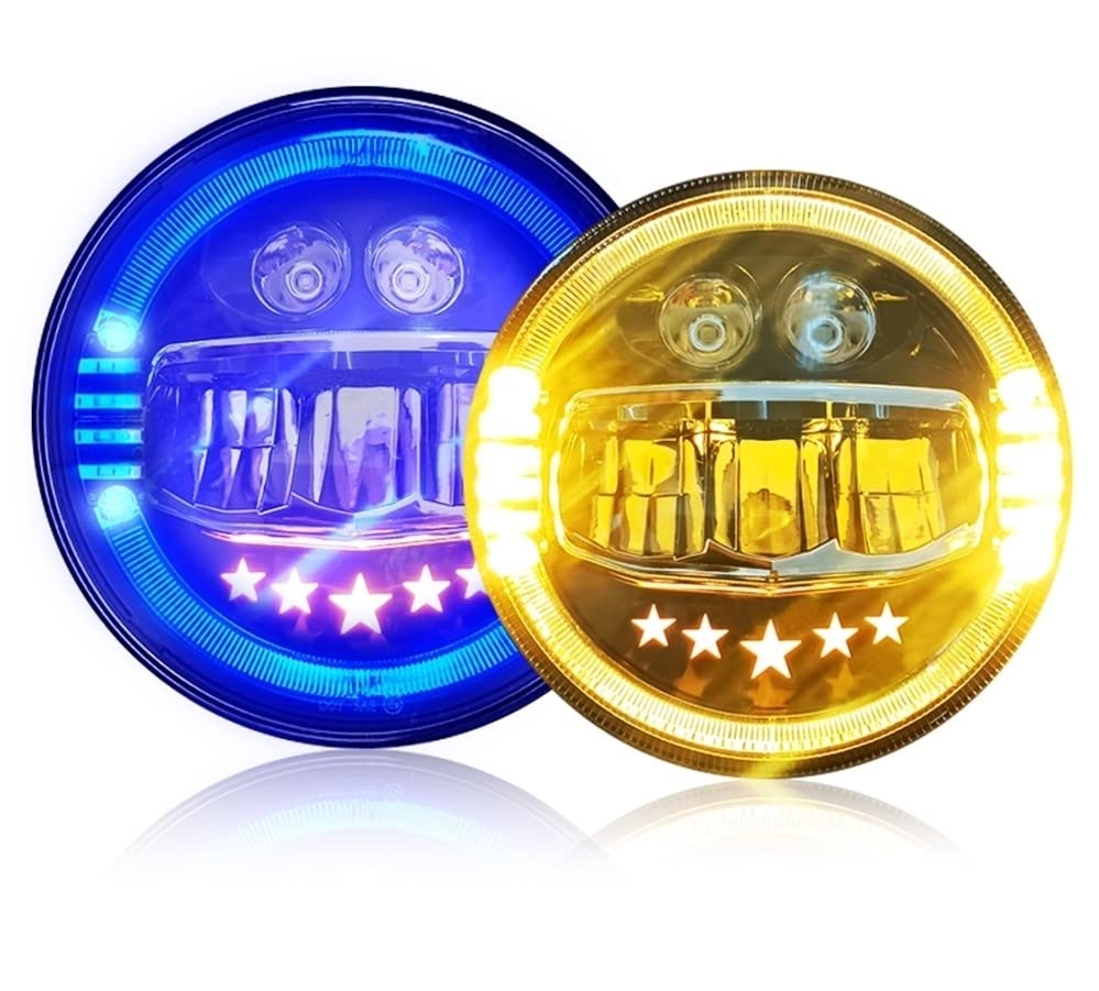 Image of Smart LED 7inch HJG Headlight with 3 in 1 Yellow, White, Blue Light DRL -12V Korean LED Compatible with Royal Enfield All Models, Thar, Gypsy