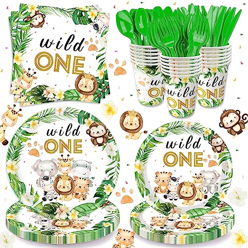 Image of Joy Gatherer Wild One Birthday Decorations Tableware - Safari Birthday Decorations Including Dinner Plates, Cups, Napkins, Cutlery, for Animal Jungle Theme Wild One Party Supplies | Serve 24