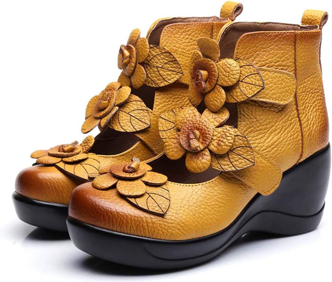 Mrs Duberess Women's Genuine Leather Comfirtable Casual Mary Jane Platform Wedges Shoes (UK 6, Style 1 Yellow)