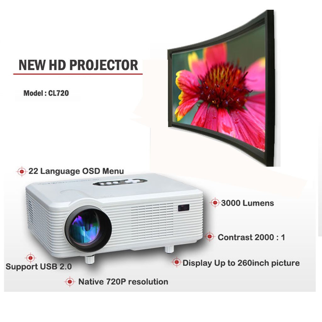 Wmicro CL720 HD Home Theater Cinema 3000 Lumens HDMI LCD Projector Built in Stereo Speaker White