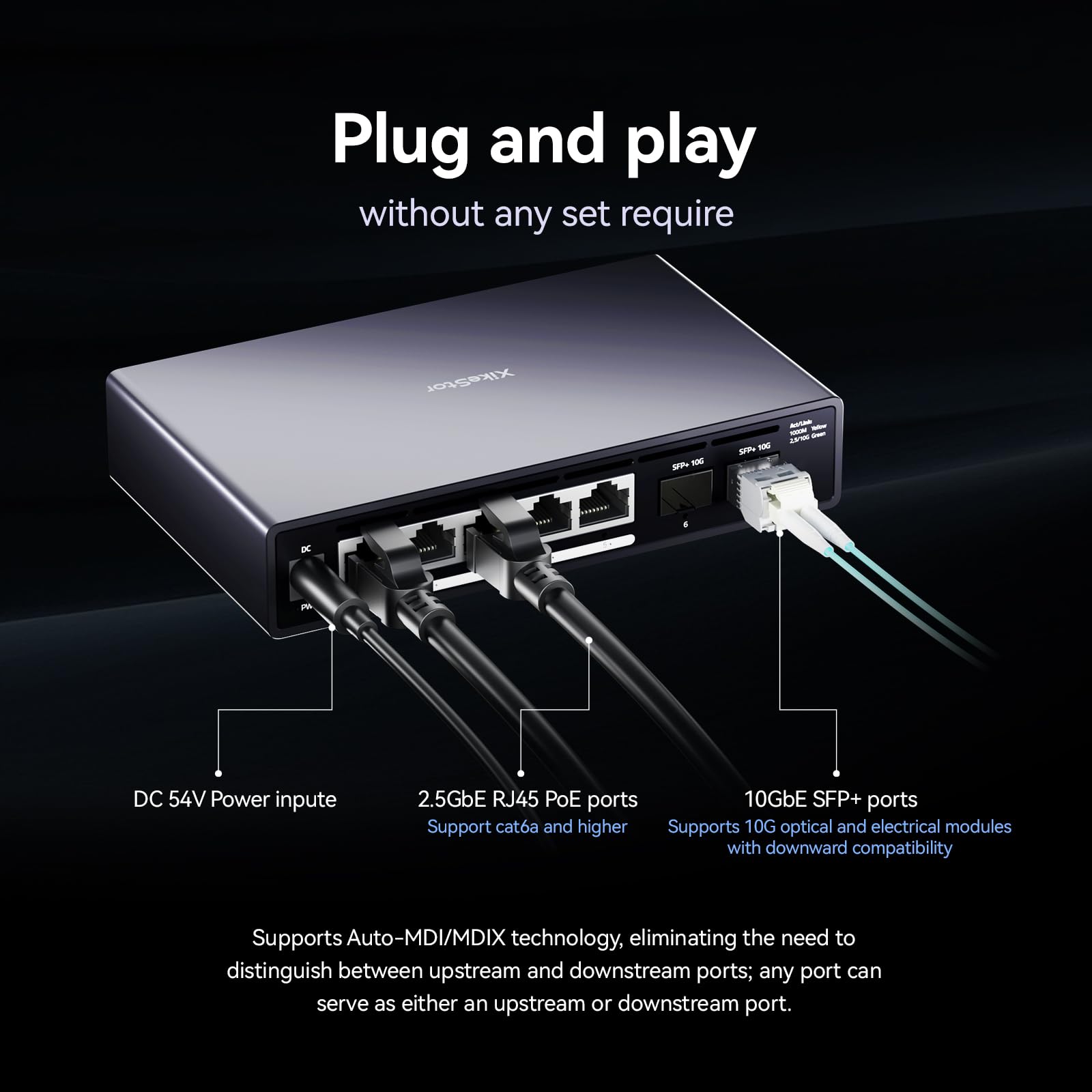 XikeStor Switch PoE+ 2.5GbE a 5+2 porte con 2× SFP+ 10G, 100W, 5× porte PoE (fino a 30W), non gestito, senza ventola, Plug & Play, montaggio desktop/muro per NAS, telecamere IP, ufficio