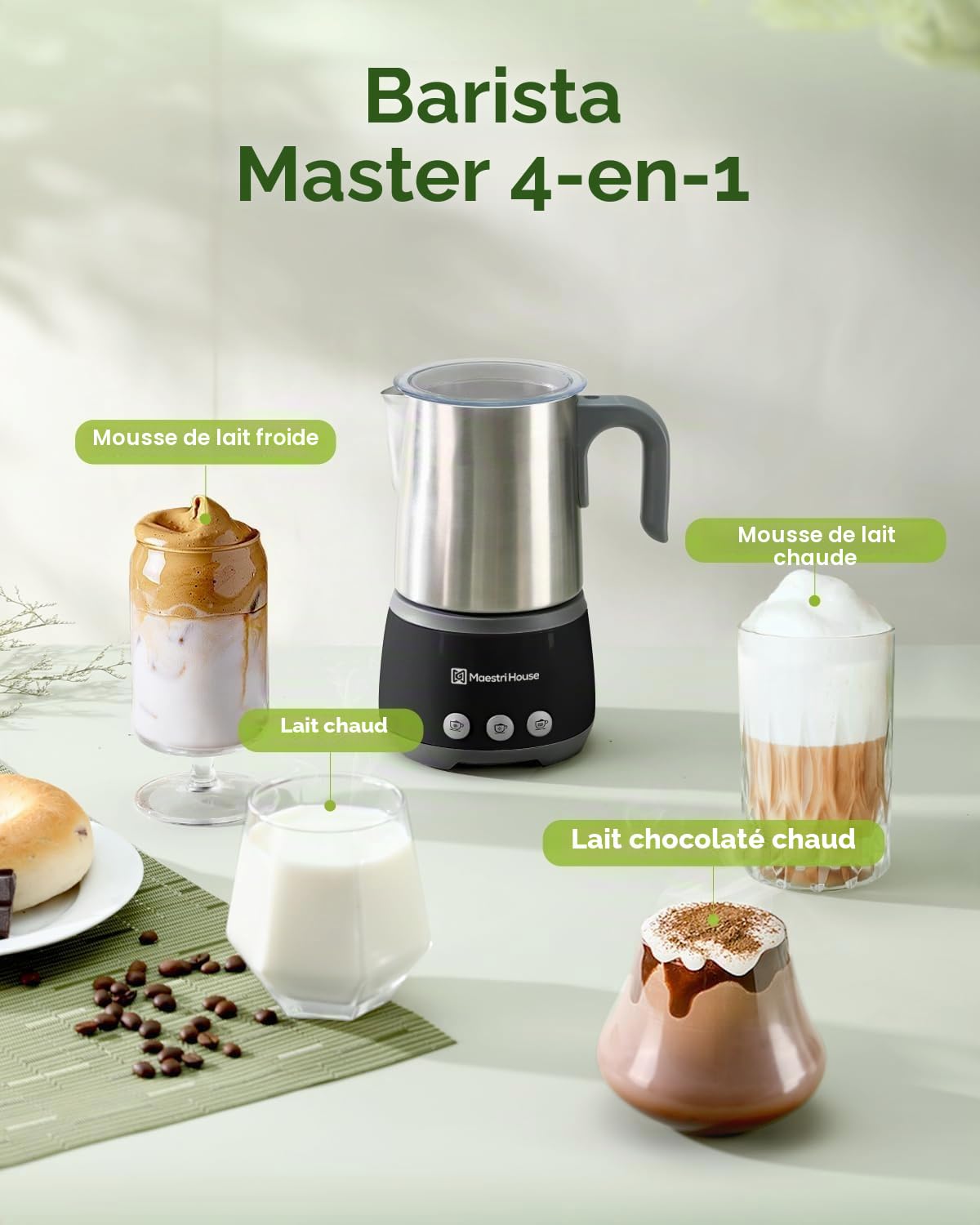 Maestri House BasicFro 500 Mousseur à lait électrique 4 en 1 600 W Smart Touch Control pour chaud et froid, fonction mémoire pour latte, lait chaud, chocolat chaud, lait