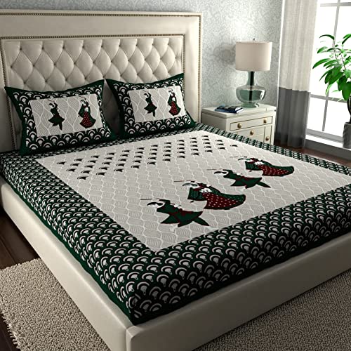 Image of La Verne104 TC 100% Cotton Jaipuri Rjasathani Hand Print Bedsheet with 2 Pillow Covers (Green)