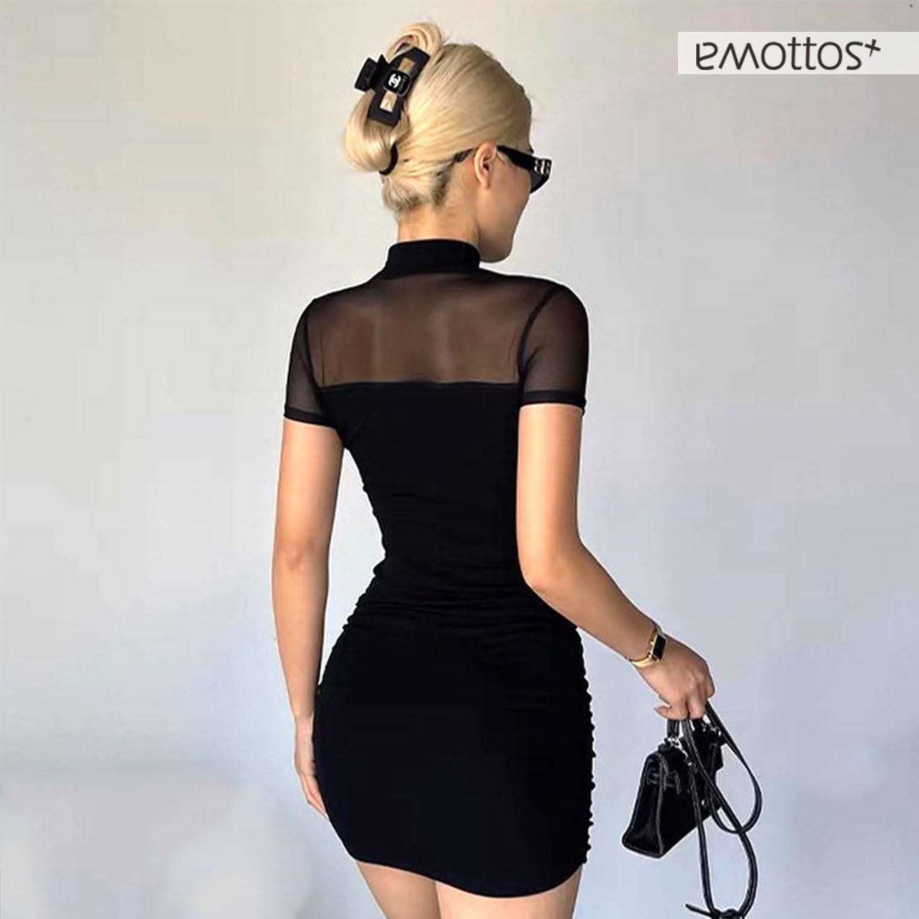 Mini Abito Sexy a Rete, Morbido Abito da Donna in Pizzo Patchwork Club Bodycon, Mezzo Collo Alto Pullover Abiti da Festa increspati