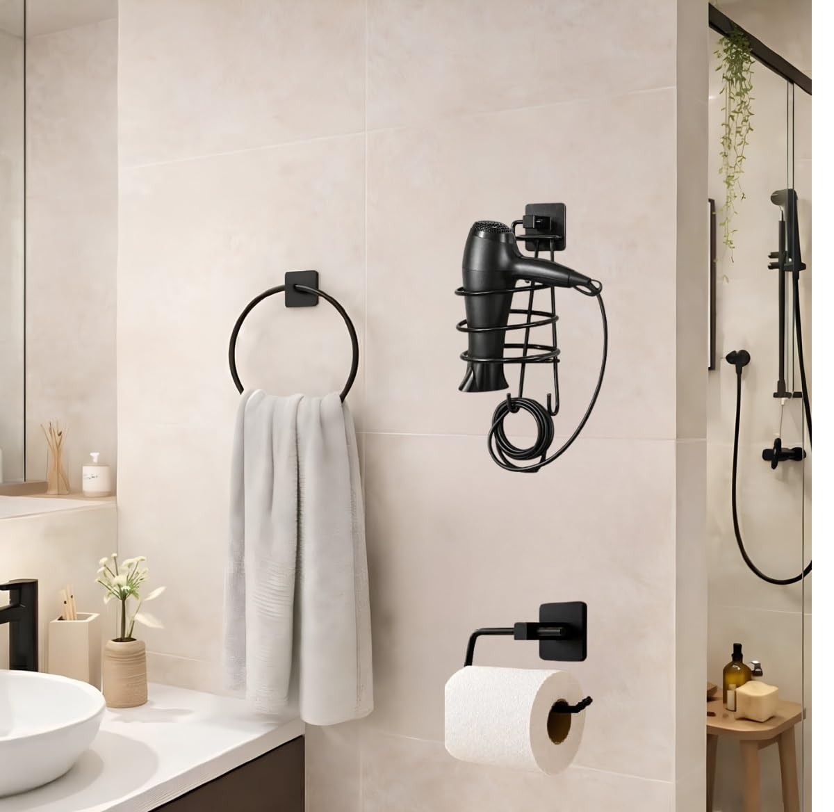 Yapışkanlı Banyo aksesuar seti,Yuvarlak Havluluk,Fön makinesi…