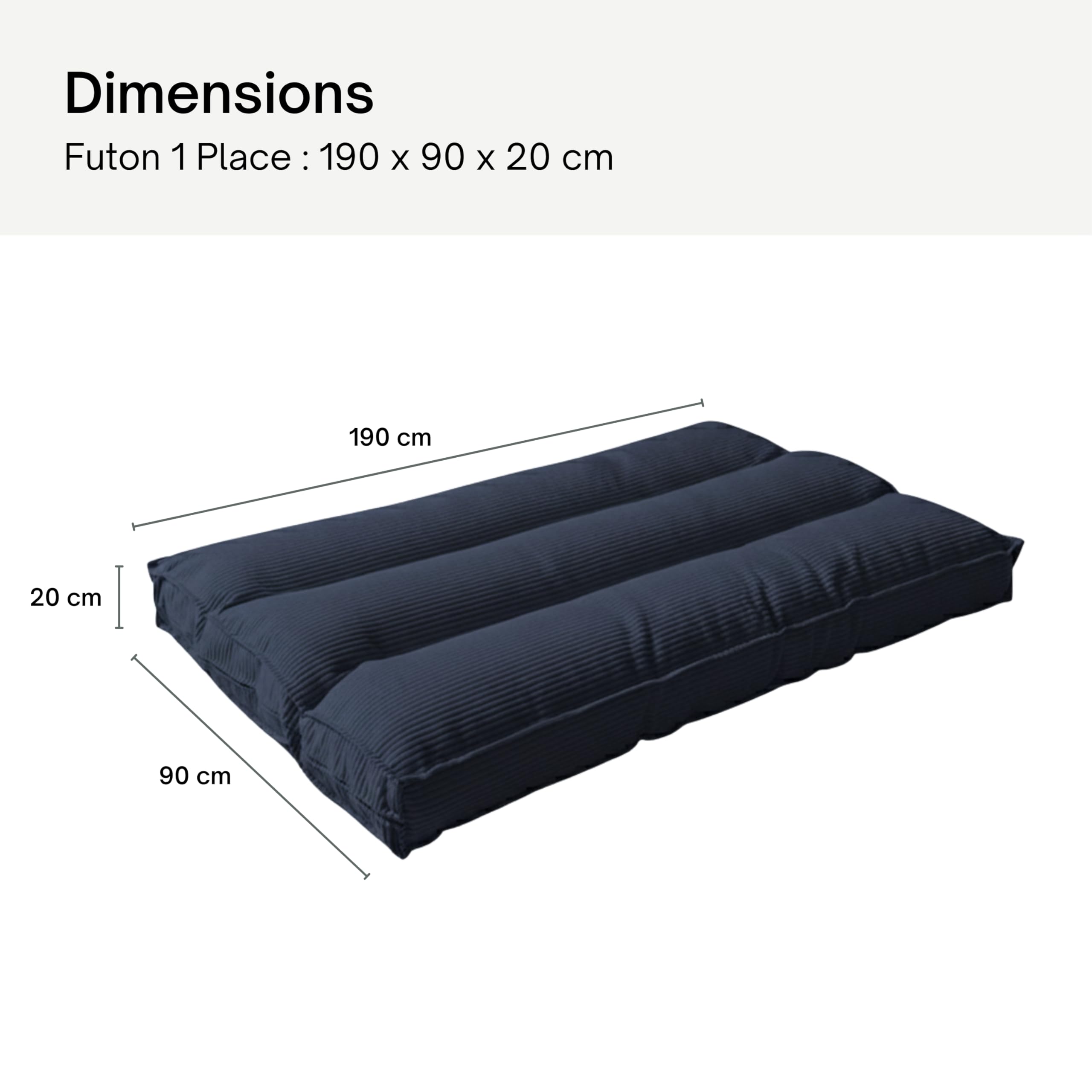 bananair - Futon 1 Place Épais & Confortable Fabriqué en France, Housse Lavable, Idéal comme Matelas de Sol, d'Appoint, Chauffeuse - Futon Pliable, Sangle de Rangement Incluse (90x190 cm, Bleu Nuit)