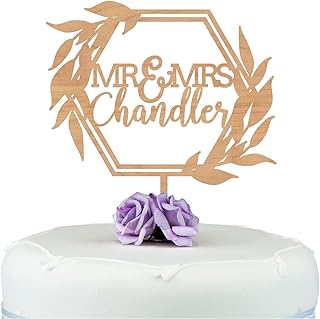 PERSONALISED Mr & Mrs Wooden Wedding Cake Topper - Rustic Botanicals Greenery Wedding Anniversary Cake Keepsake - ANY SURNAME - Mr And Mrs Cake Decoration - Made from Cherry or MDF Wood