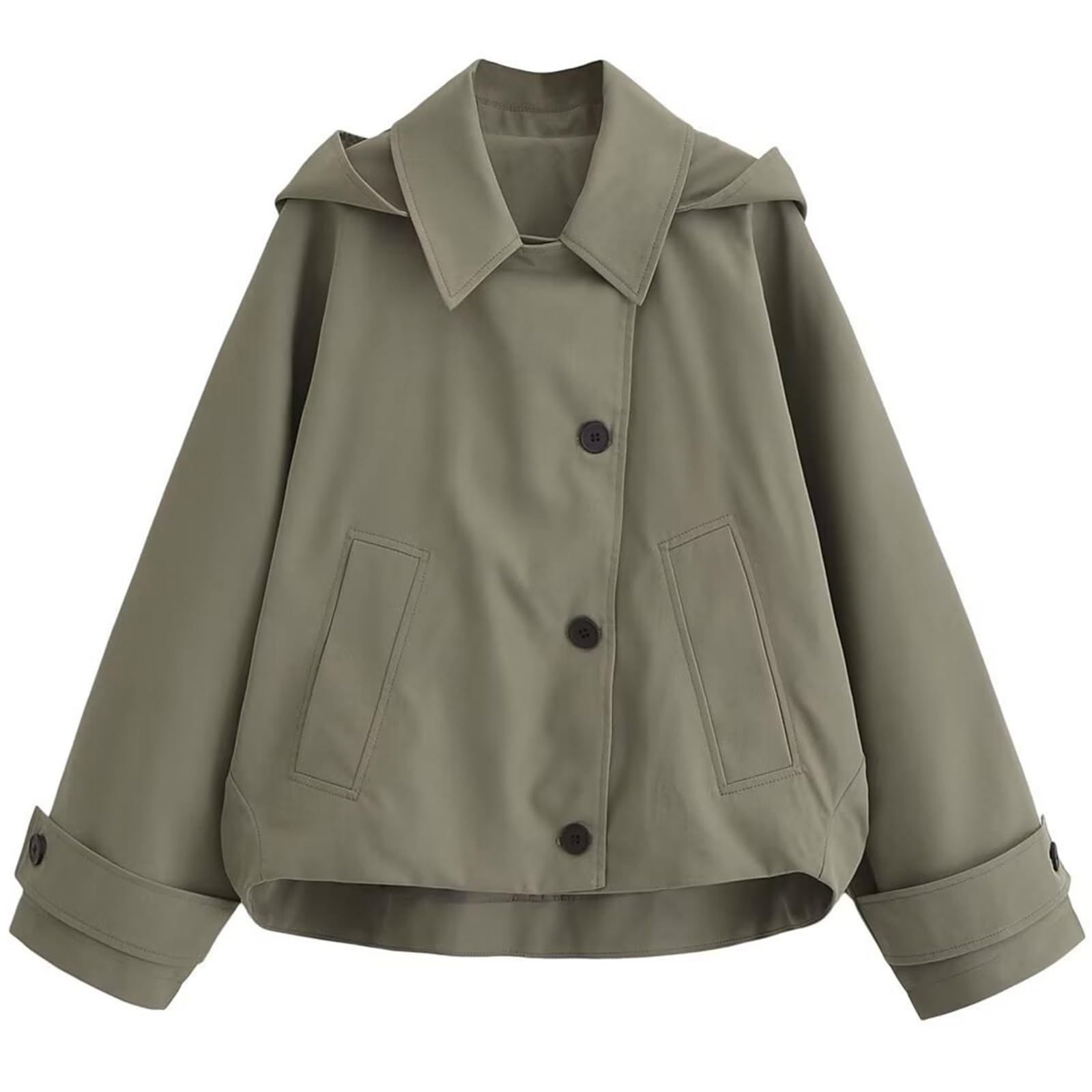 Womens Cropped Trench Coat with Detachable Hood Lightweight Single Breasted Jacket Fall Windbreaker Fashion Outerwear