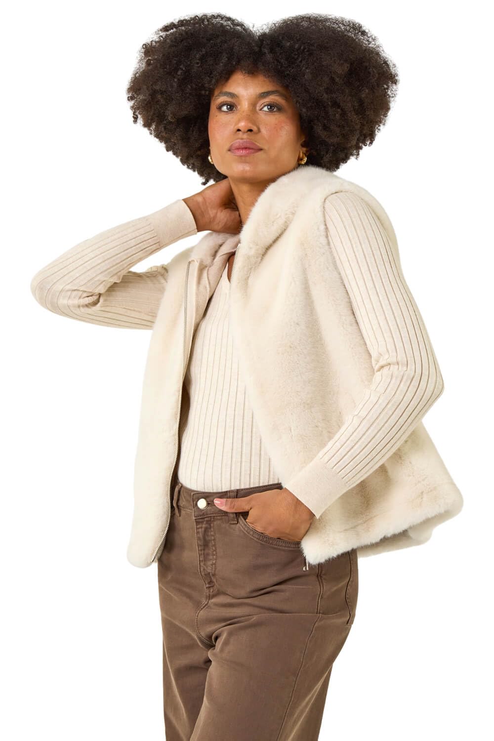 Roman Women's Beige Hooded Faux Fur Gilet In | : Size 14