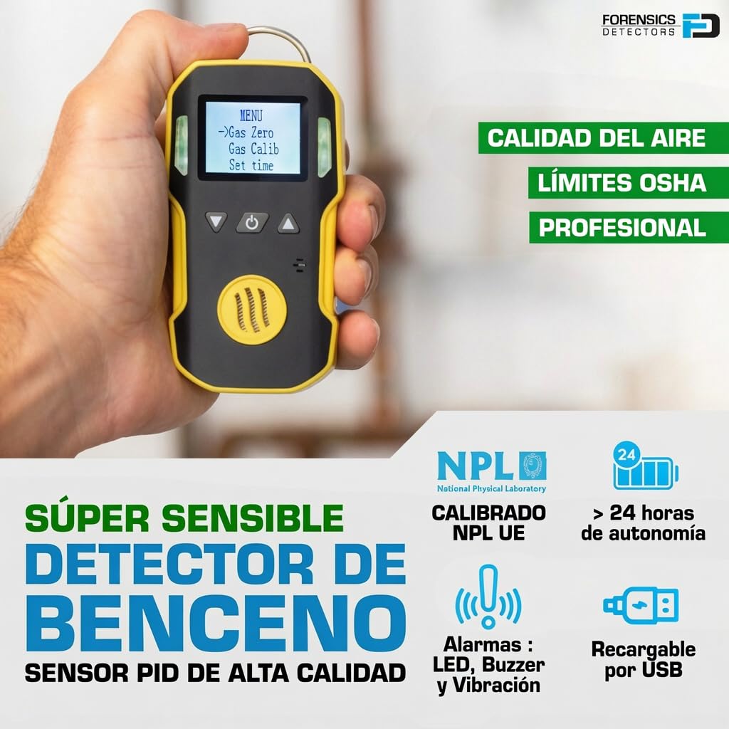 Detector de Benceno (C6H6) | Certificado de Calibración EU | Recarga USB | Alarmas Sonoras, Luminosas y por Vibración | 0–20 ppm C6H6
