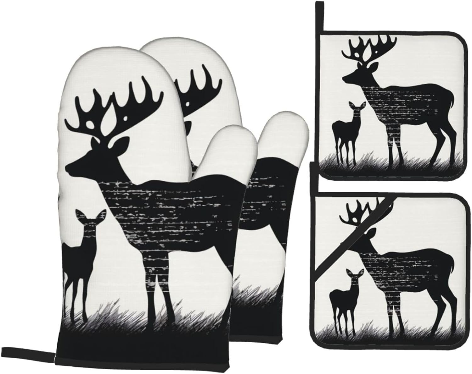 Deer Printed Oven Mitts and Pot Holders Sets 4Pcs Heat Resistant Oven Gloves Potholders Set Extra Long Non-Slip Kitchen Gloves for Cooking Baking BBQ