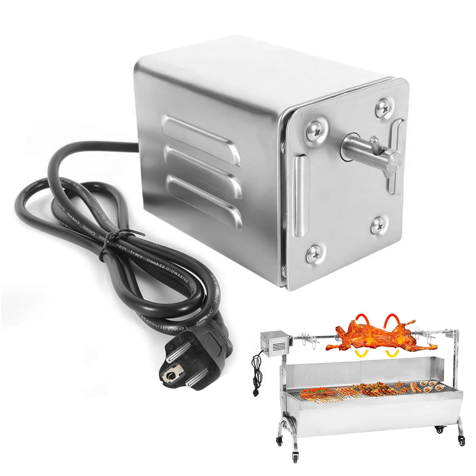 SP-S40 15W 60KG/132LBS Motor eléctrico para Barbacoa de Acero Inoxidable, 2.7 RPM Motor Profesional para Barbacoa, Pollo, Cerdo, Cabra a la Parrilla al Aire Libre