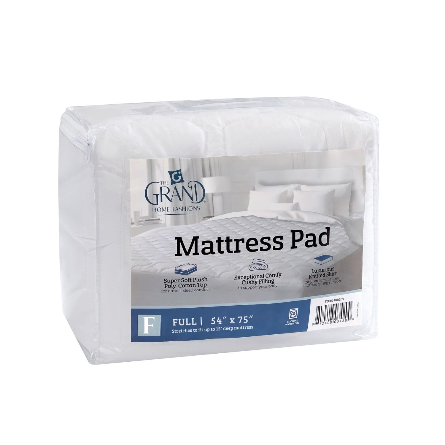 The Grand Hotel Collection Full Size Mattress Pad - Thin, Lightweight, and Breathable Mattress Pad - Ideal for Hot Sleepers & Plush Mattresses - Stretch Fits up to 15" - Easy to Wash (54 x 75)