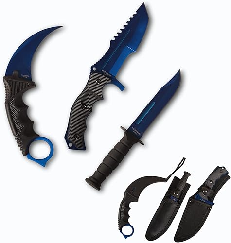 x-Asesino Juego de 3 dagas fijas de espiga completa táctica con funda, hoja de garra de acero inoxidable azul, supervivencia en el desierto y caza