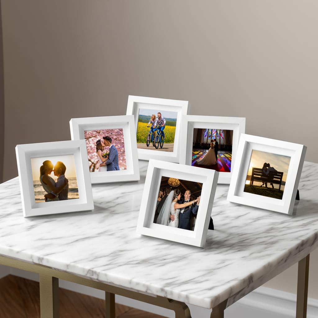 Decorative Photo Frame Set, 4x4 Inches, White Square Frames with Table Top Stand as wall hook, Glossy Print on demand, 6 Pack, Customizable Picture Display-image-5