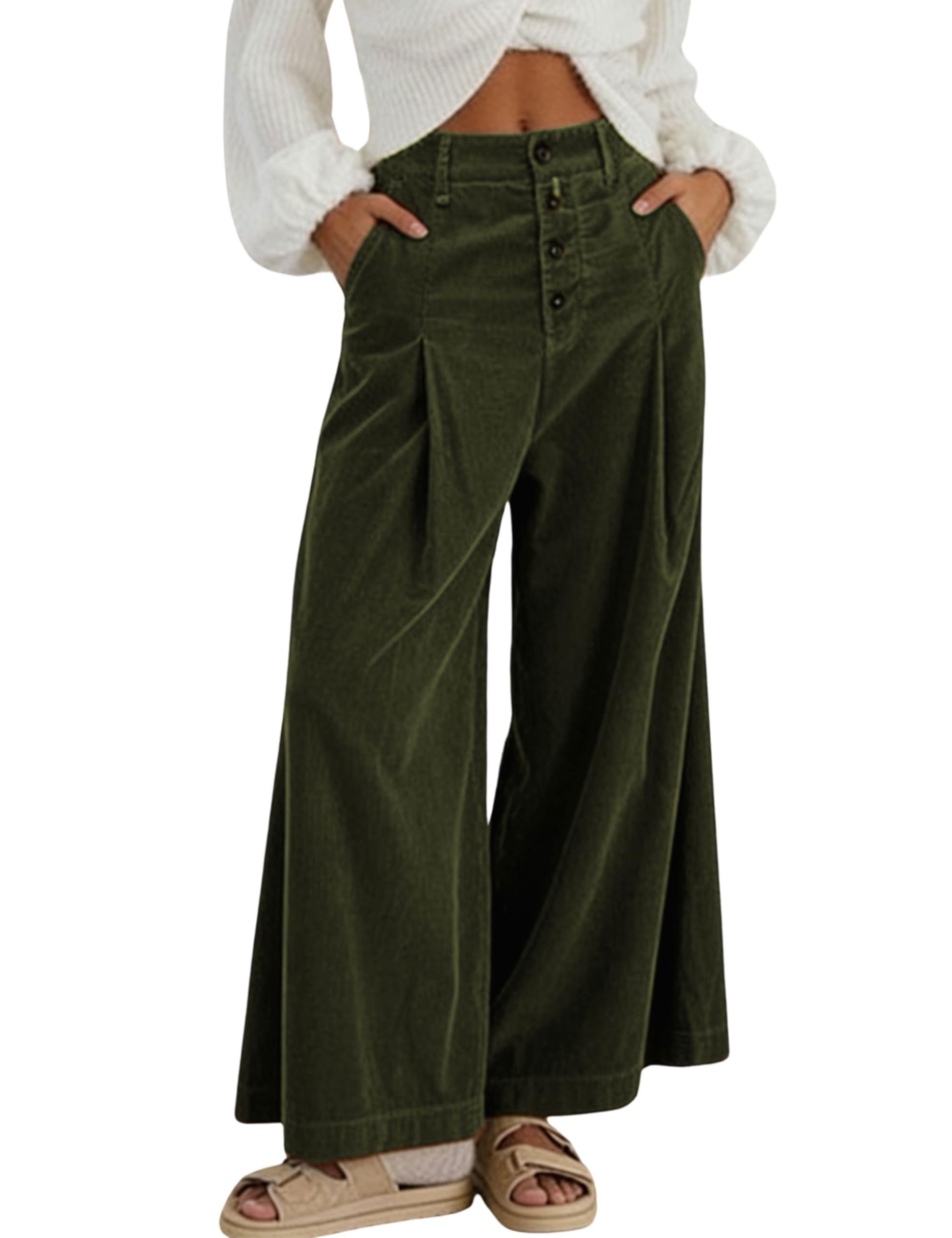 Hooever Womens Corduroy Pants High Waisted Button Down Wide Leg Straight Trousers Palazzo Pants