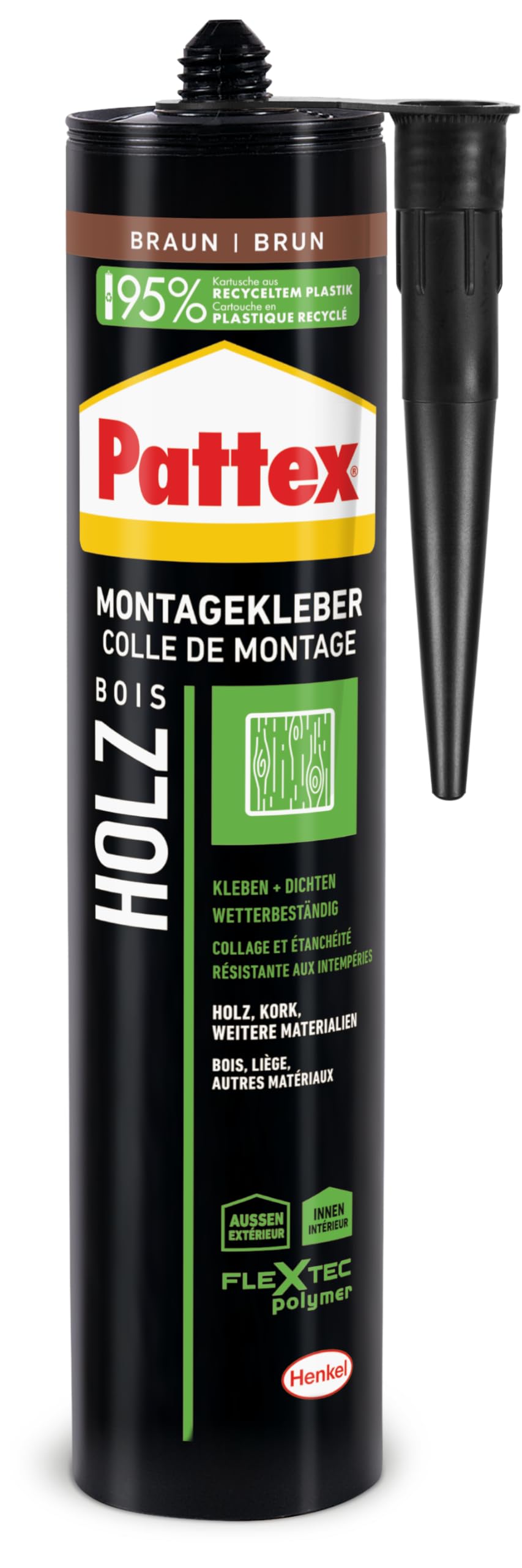 Pattex Montage Holz, starker Montagekleber für Holz und Holzwerkstoffe, wetterbeständiger Baukleber für alle Materialien*, elastischer Holzkleber für innen und außen**, 1x420g Kartusche