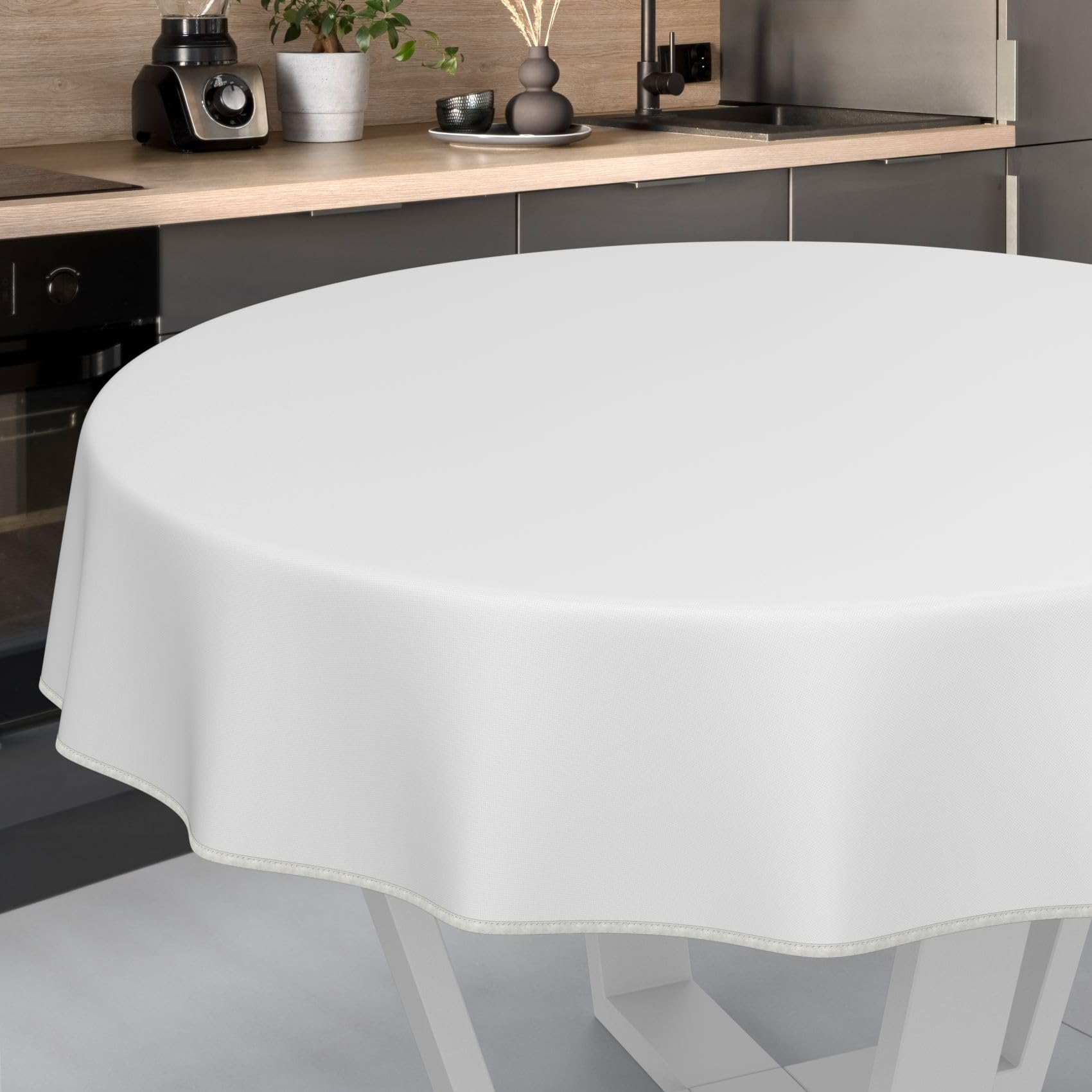 ANRO Oilcloth Tablecloth, Washable, Oilcloth, Garden Tablecloth, Outdoor, Indoor, Round, 140 cm with Hem, White
