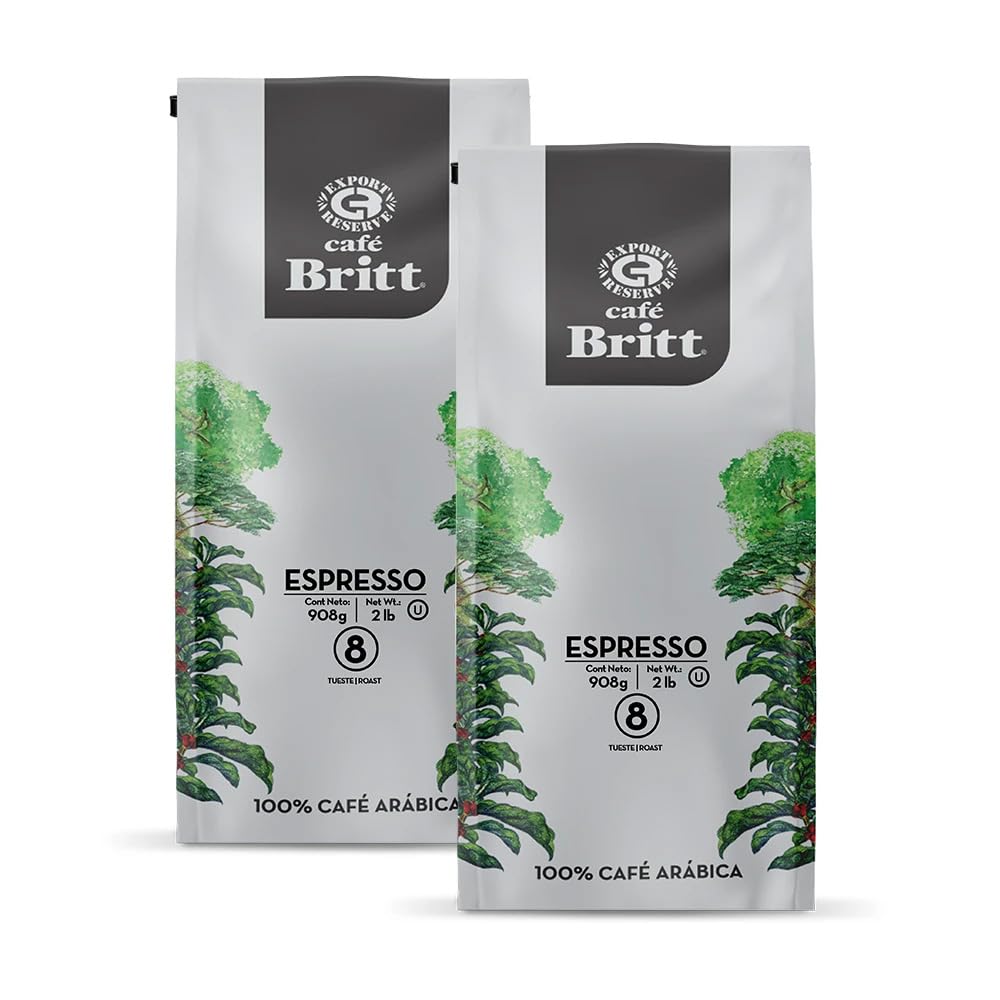 - Café Britt® - Costa Rican Espresso Coffee (2 Lbs Each) (2-Pack) (4 Lbs Total) - Whole Bean, Arabica Coffee, Kosher, Gluten Free, 100% Gourmet & Dark Roast (1 Year Shelf-Life)