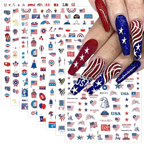 Fourth of July Nail Stickers 3D Self-Adhesive Nail Art Stickers American Flag Stars Love Heart Design Independence Day Nail Decals for Women DIY Acrylic Manicure Decoration Supply 8 Sheets