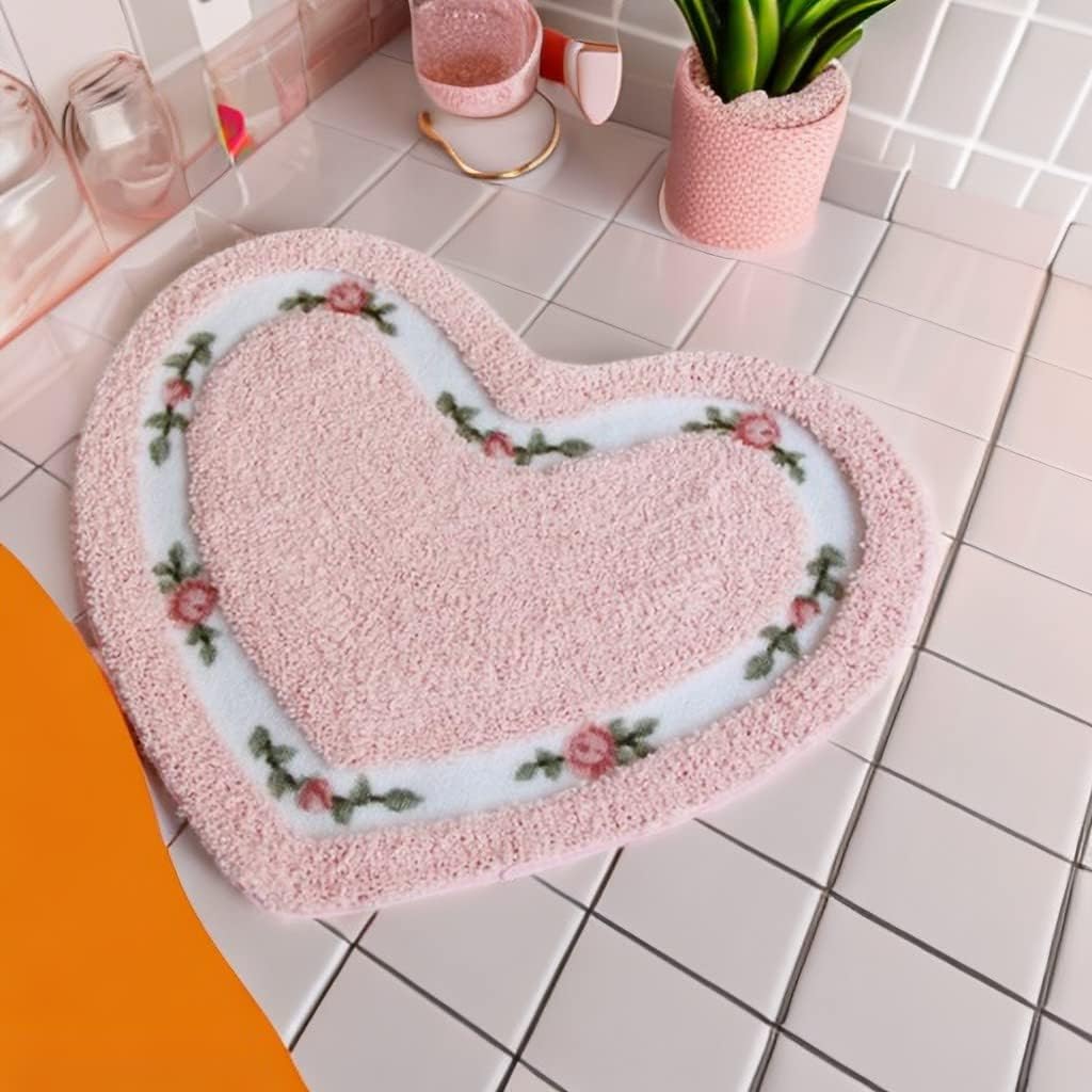Bathroom Rug Set 2-Piece Bathroom Floor Mat Quick-Drying mat Toilet Non-Slip Carpet Mat Heart-Shaped and Rectangular Bath mat (2PCS, Pink