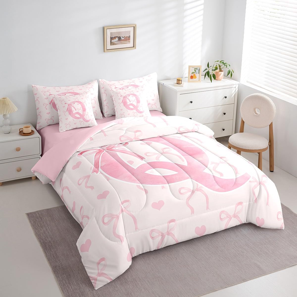 Erosebridal 7 Pcs Pink Bow Sheet Set Bed in A Bag Twin Size for Girls Romantic Alphabet Q Bed Set Cute Love Hearts Comforter Fairy Girly Dreamy Princess Style