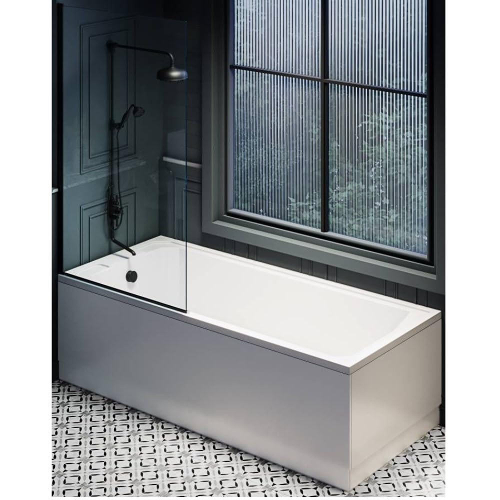 Milano Richmond White 1700mm x 750mm Single Ended Shower Bath Black Screen Panels