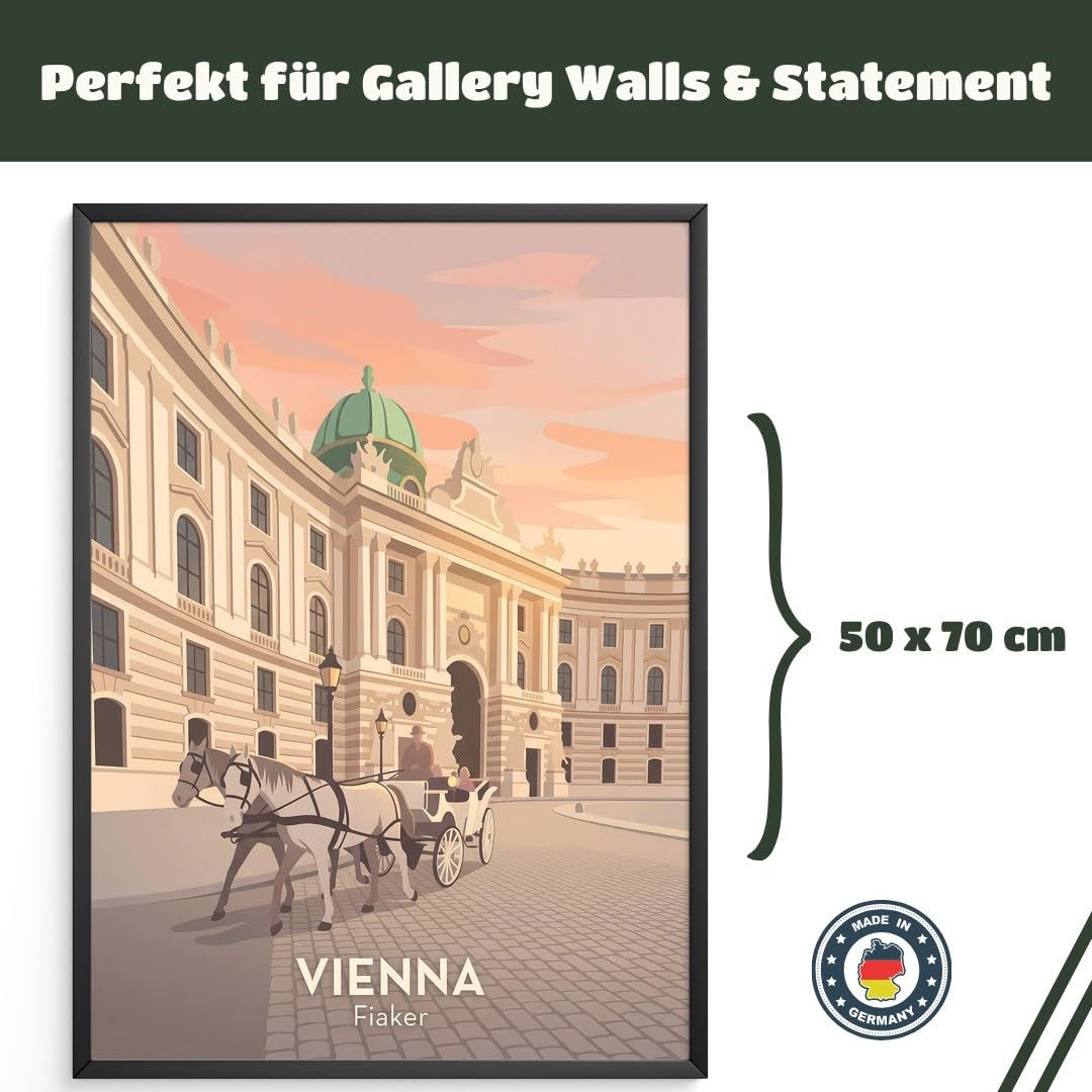 MJ-GRAPHICS® Poster Fiaker Kunstdruck Wien Architektur Wandbild klassisch Sonnenuntergang sanfte Töne Wohnzimmer Deko edel Zeichen Stadtgeschichte Bilder Vintage 50x70 mit schwarzem Rahmen