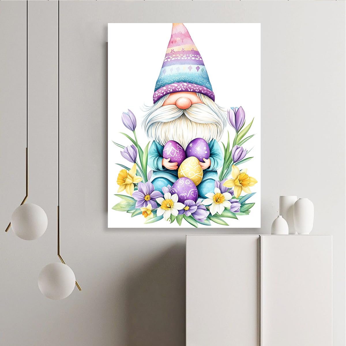 TOANGWALL Enanos vibrantes sosteniendo huevos Estampado en lienzo Flores moradas Imágenes Estampado Diseños pastel de sombrero Obras para biblioteca Salón Decoración del hogar 60x90cm
