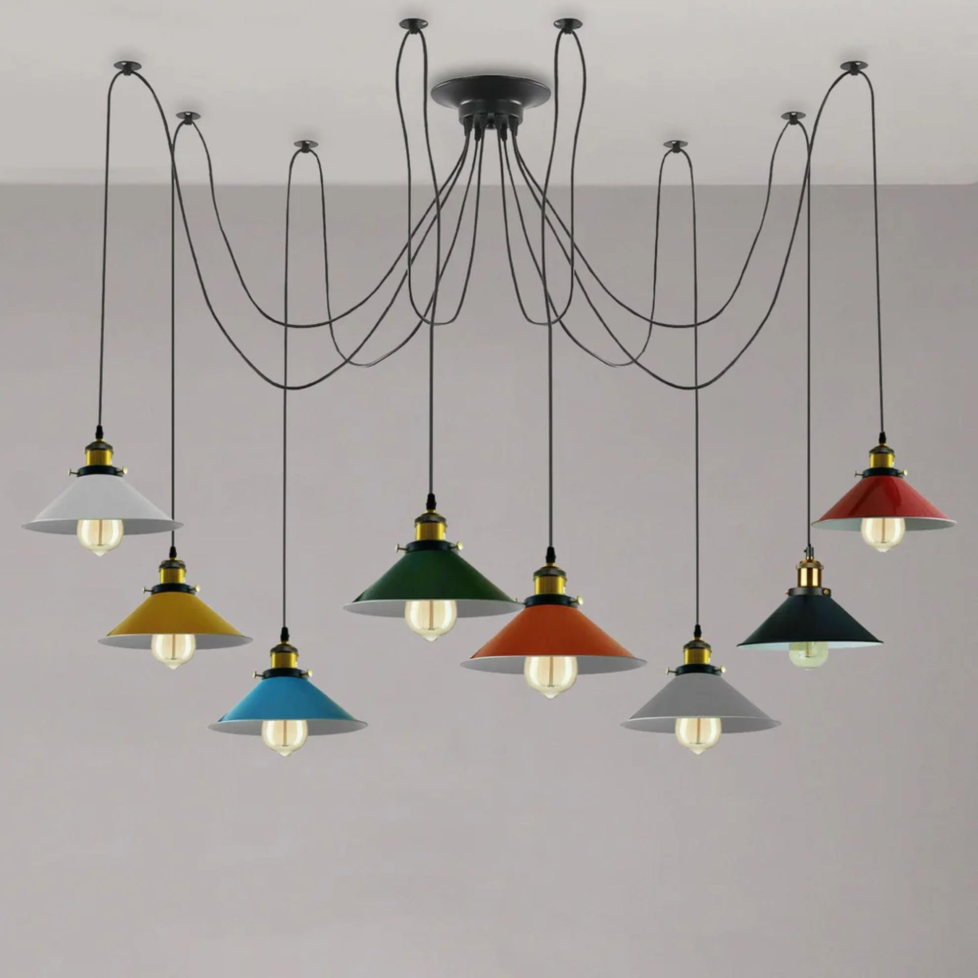 LEDSone 8 Head Spider Pendant Light, Industrial Multi Colour Ceiling Light with 22cm(8.7") Metal Shades, Adjustable 2m Cables, E27 Hanging Light Fitting for Kitchen Island, Living Room, Bedroom